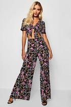 Boohoo Ditsy Floral Tie Front Wide Leg Trouser Co-ord