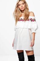 Boohoo Callie Embroidered Tassle Shift Dress White