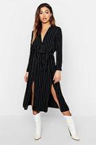 Boohoo Woven Pinstripe Tie Belt Midi Skirt Dress