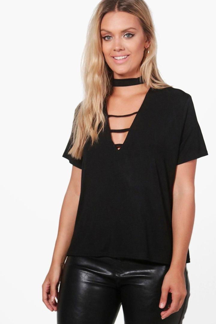 Boohoo Plus Lizzie Choker Detail Plunge Tee Black
