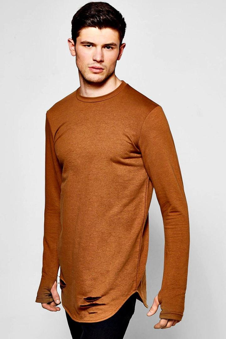 Boohoo Distressed Curve Hem Sweater With Thumb Hole Brown