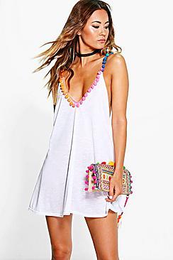Boohoo Maisie Multi Coloured Pom Pom Beach Dress