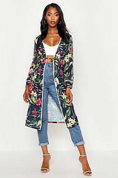 Boohoo Woven Tropical Print Tie Waist Kimono