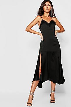 Boohoo Satin Strappy Lace Trim Midaxi Dress