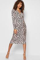 Boohoo Leopard Print Wrap Collared Dress Midi