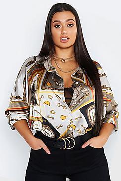 Boohoo Plus Satin Chain Print Oversized Shirt