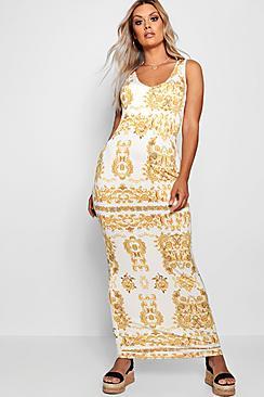 Boohoo Plus Gemma Baroque Plunge Slinky Maxi Dress
