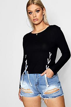Boohoo Plus Belle Lace Up Ribbed Long Sleeve Top