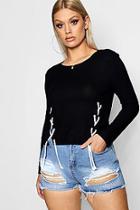 Boohoo Plus Belle Lace Up Ribbed Long Sleeve Top