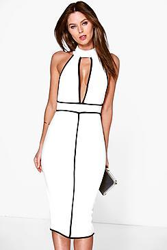 Boohoo Alex High Neck Contrast Piping Midi Dress