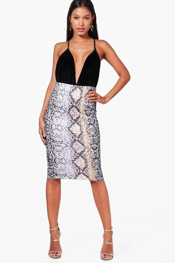 Boohoo Kate Snake Print Scuba Midi Skirt Multi