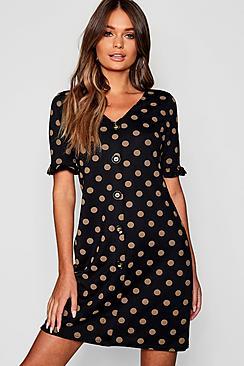 Boohoo Spot Frill Sleeve Button Through Shift Dress