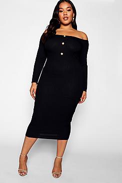 Boohoo Plus Horn Button Down Ribbed Bardot Midi Dress