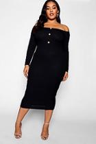 Boohoo Plus Horn Button Down Ribbed Bardot Midi Dress