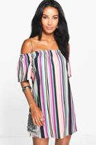 Boohoo Lea Ruffle Off Shoulder Stripe Shift Dress Multi