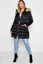 Boohoo Plus Belted Faux Fur Hooded Puffer Long Coat
