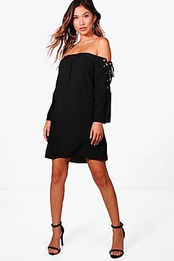 Boohoo Han Eyelet Sleeve Off Shoulder Shift Dress
