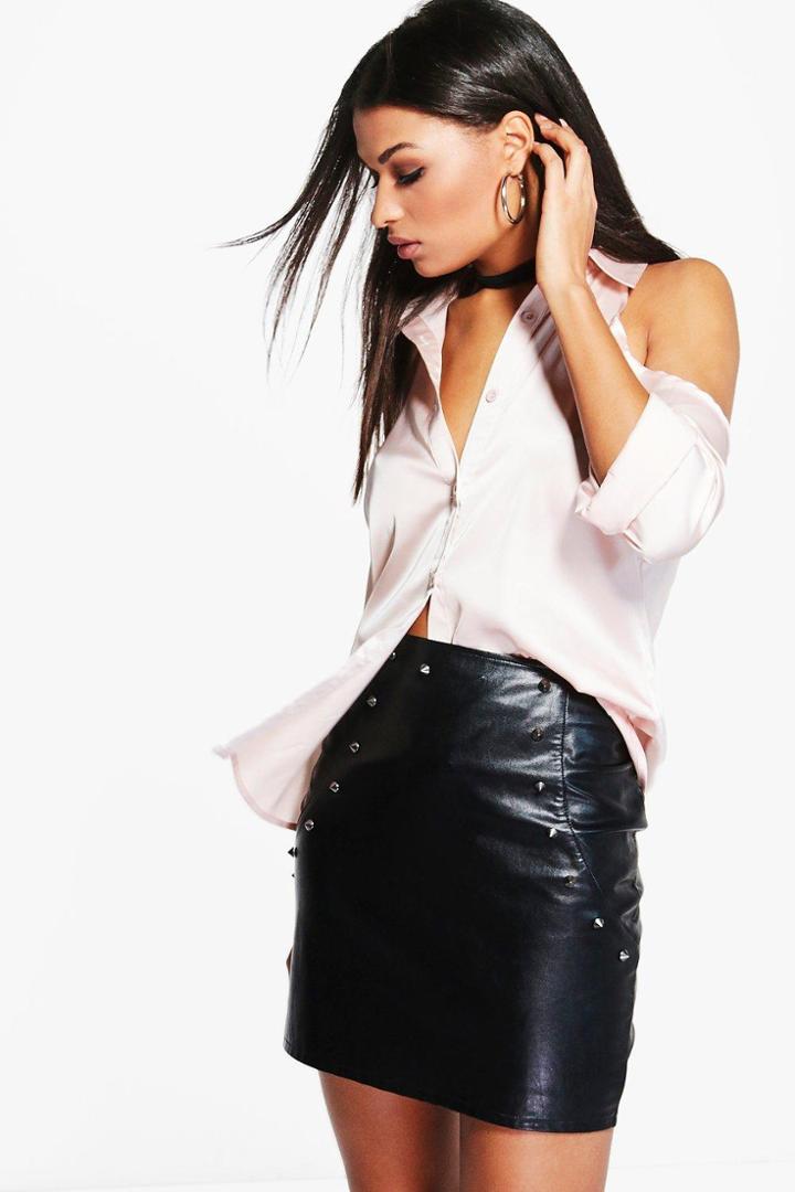 Boohoo Olivia Cold Shoulder Satin Shirt Nude