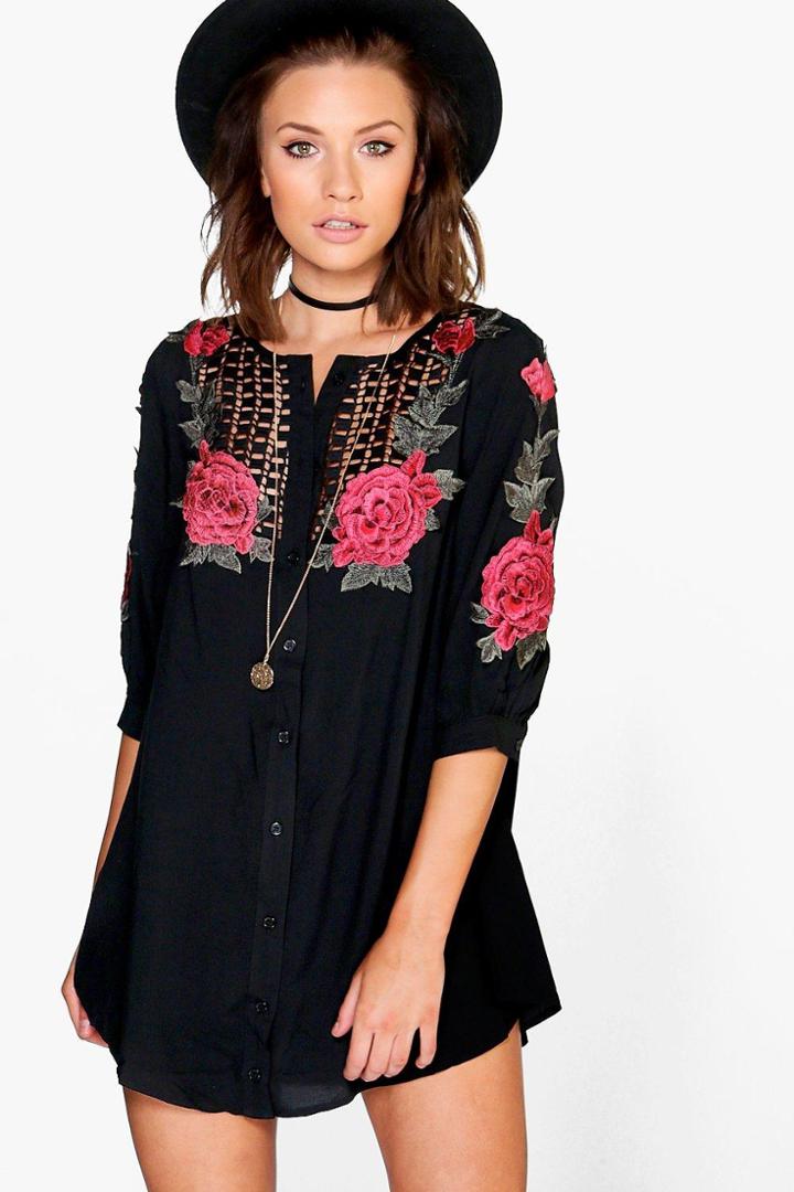 Boohoo Petite Daniella Embroidered Shirt Dress Black