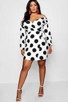 Boohoo Plus Mia Large Spot Off The Shoulder Wrap Dress