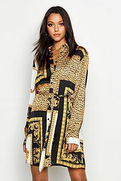 Boohoo Tall Scarf Print Shirt Dress