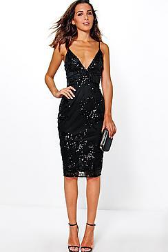 Boohoo Ria Sequin & Mesh Border Detail Strappy Midi Dress