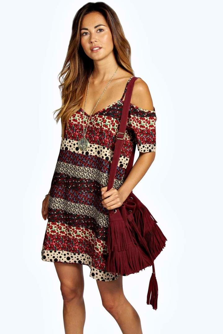 Boohoo Laura Woven Strappy Cold Shoulder Dress Multi