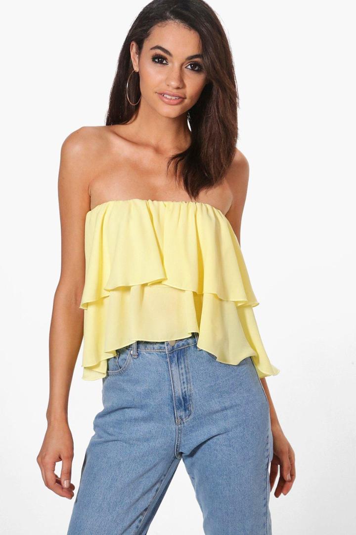 Boohoo Jade Off The Shoulder Woven Ruffle Bandeau Crop Yellow