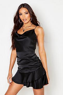Boohoo Satin Ruched Side Cowl Front Mini Dress
