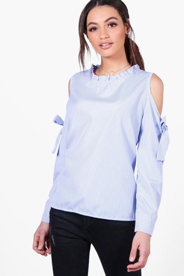 Boohoo Isla Gingham Cold Shoulder Woven Tie Sleeve Top Blue