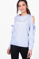 Boohoo Isla Gingham Cold Shoulder Woven Tie Sleeve Top Blue