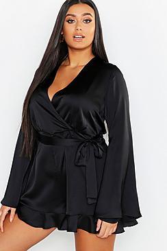 Boohoo Plus Satin Flare Sleeved Ruffle Playsuit