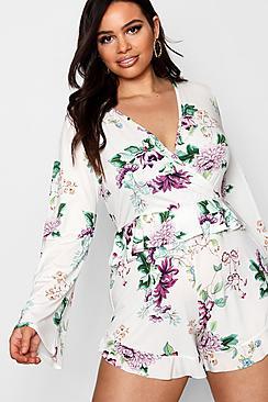 Boohoo Plus Gilly Floral Kimono Sleeve Ruffle Playsuit