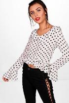 Boohoo Petite Spot Print Tie Font Blouse