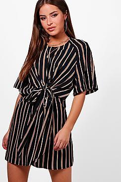 Boohoo Petite Emily Knot Front Stripe Wrap Dress
