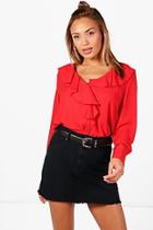 Boohoo Kara Woven Ruffle Front Blouse