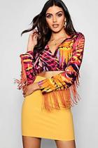 Boohoo Bella Leaf Print Plunge Fringed Sleeve Top