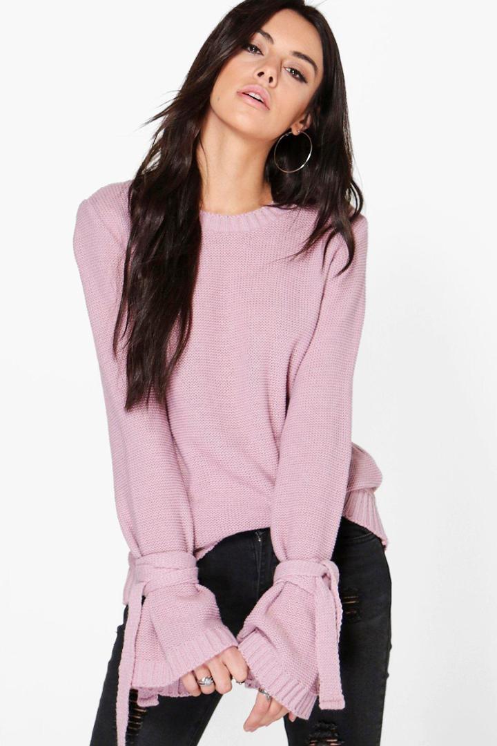 Boohoo Alisha Tie Cuff Detail Jumper Lilas