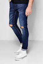 Boohoo Indigo Stretch Skinny Jeans With Ripped Knee