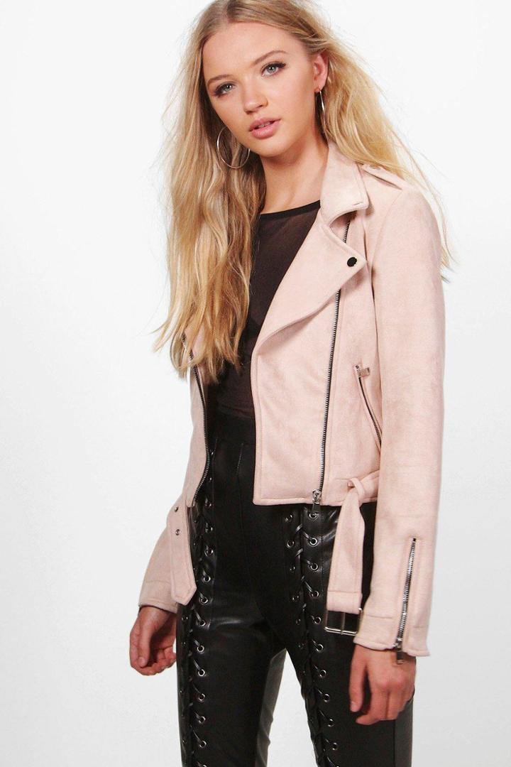 Boohoo Zoe Premium Vegan Suedette Biker Jacket Camel