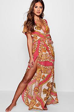 Boohoo Petite Emma Scarf Print Wrap Beach Maxi Dress