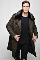 Boohoo Faux Fur Collar Military Style Overcoat