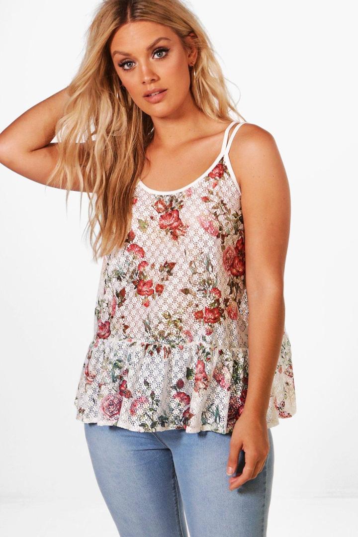 Boohoo Plus Lucia Printed Lace Peplum Top Multi