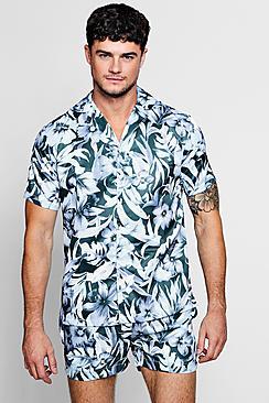 Boohoo Botanical Revere Short Sleeve Satin Shirt Co-ord
