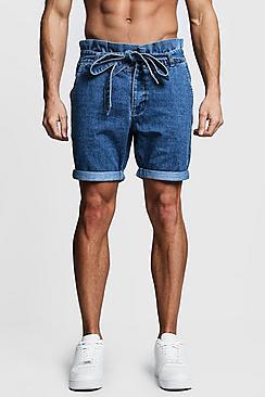 Boohoo Slim Fit Denim Shorts With Paper Bag Waist