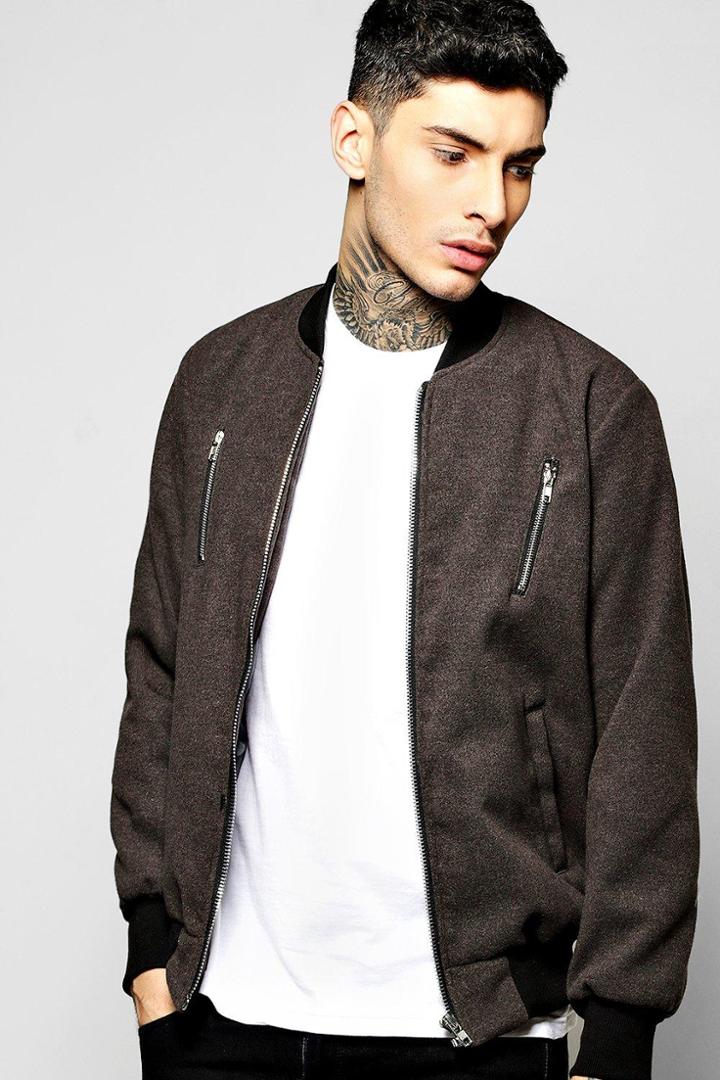 Boohoo Smart Melton Bomber Jacket With Contrast Zip Detail Grey