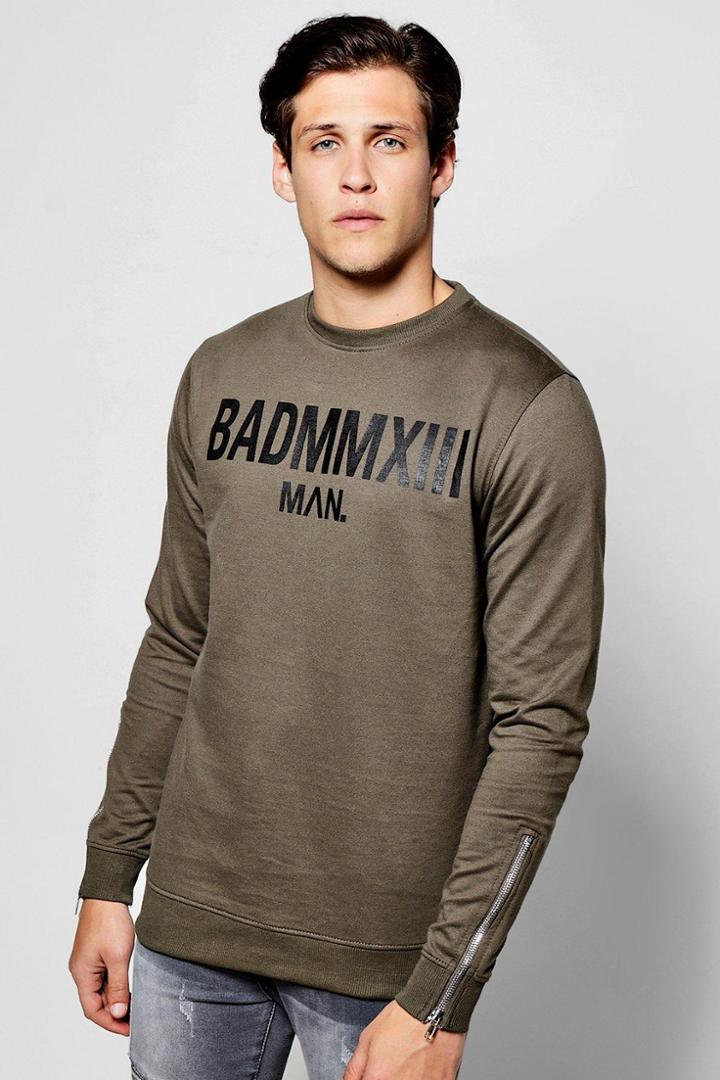 Boohoo Bad Man Print Sweater With Side Zips Khaki