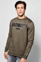 Boohoo Bad Man Print Sweater With Side Zips Khaki