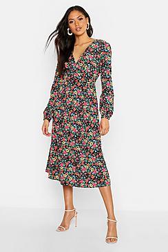 Boohoo Tall Ditsy Floral Print Wrap Midi Dress