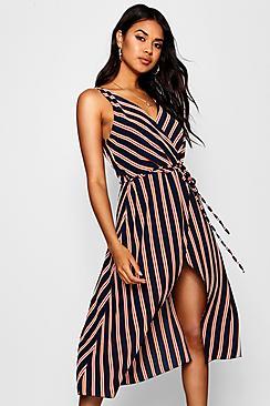 Boohoo Wrap Front Tie Waist Striped Midaxi Dress